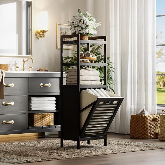 HITNET Tilt Out Laundry Hamper, Bamboo Bathroom Cabinet with Pull Out Removable Bag and 3 Tier Storage Shelves, 10 Gal Clothes Basket with Metal Handle, Black - Image 2