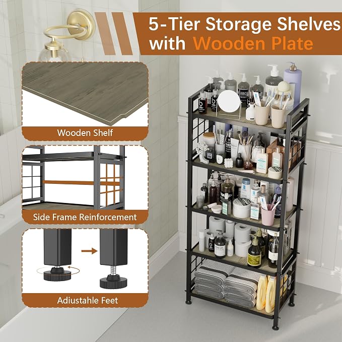 GIOTORENT 5-Tier Kitchen Storage with Wooden Boards, Heavy Duty Storage Shelves & Bookshelf, Adjustable Metal Shelving Unit for Garage Kitchen Bathroom Laundry Organizer, 750LB Capacity, Black - Image 7