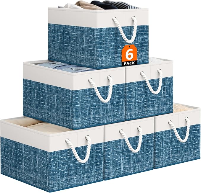 StorageTastic Storage Bin,Collapsible Storage Basket For Organizing,Large Storage Boxes With Rope Handles,Storage Containers,White & Blue,6 Pack by StorageTastic