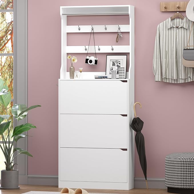 BORNOON Shoe Cabinet with 3 Flip Drawers & Coat Rack, Narrow Hidden Shoe Storage Cabinet, 2-in-1 Hall Tree Slim Freestanding Shoe Rack Organizer for Entryway, Hallway, and Living Room - Image 3
