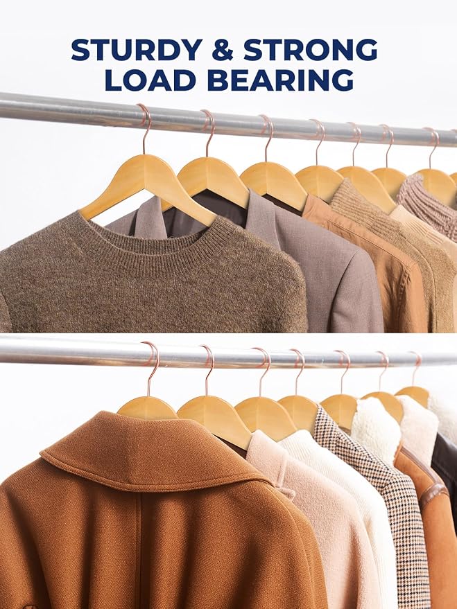 Smartor Wooden Hangers 10 Pack, Solid Wood Coat Hanger for Closet, Heavy Duty Wood Hangers for Suits, Shirts, Dresses, with 360° Rose Gold Hook, Non Slip Pant Bar, Natural - Image 6