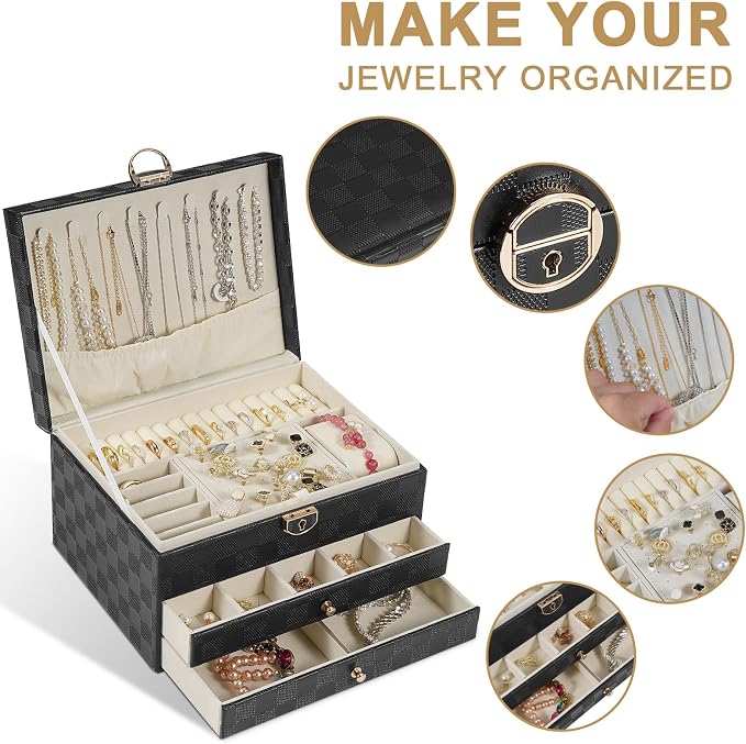 GUOER Jewelry Box for Women Girl Wife - Large PU Leather Jewelry Organizer Storage Case with 3 Layers Display for Earrings Bracelets Rings Watches (Checkered Black) - Image 2