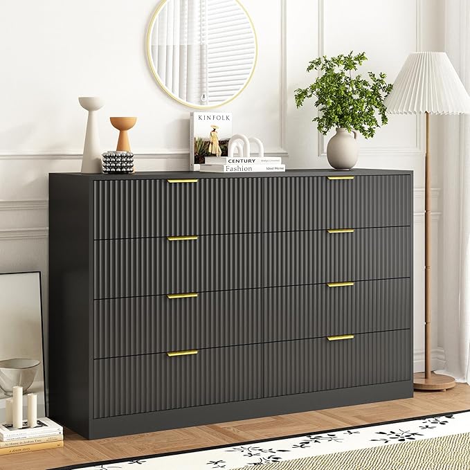 8 Drawer Dresser and Nightstand Sets for Bedroom, 3 Pcs Bedroom Set，Night Stand Set of 2 & 8 Drawer Dresser with Gold Handles, Modern Wood Chest of Drawers Storage Cabinet Set, Black