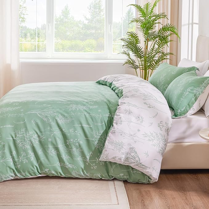 Love's cabin Comforter King Size Set - Sage Green King Comforter Set, 3 Pieces Cute Floral Bedding Sets for All Seasons,1 Soft Reversible Botanical Flowers Comforter and 2 Pillow Shams
