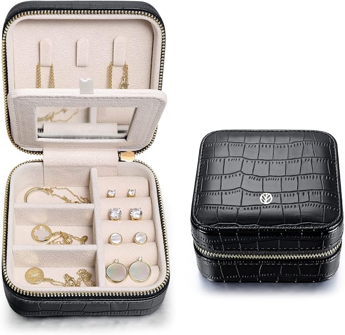 S.Leaf Travel Jewelry Organizer Boxes for Women Small Portable Necklace Earrings Bracelet Rings Travel Case Best Friend Birthday Gifts for Women Trendy (11_Pattern_Crocodile_Black_01) by SLeaf