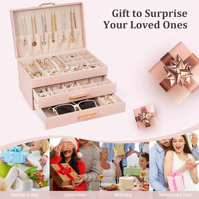 Dajasan Jewelry Box Organizer, 3-Tier Jewelry Storage Organizer with 2 Drawers, Large Jewelry Box for Girls Women, PU Leather Surface with Texture, Gift Idea, Modern Style (Pink) - Image 7