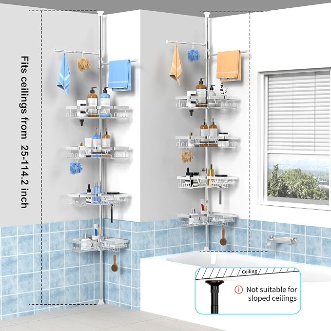KEGII Shower Caddy Tension Pole with 2 Towel Bars, Adjustable Corner Bathroom Organizer, Rustproof Bathtub Storage Shelves for Shampoo, 25–114.2 Inch Shower Rack for Renters & Family, Silver - Image 7