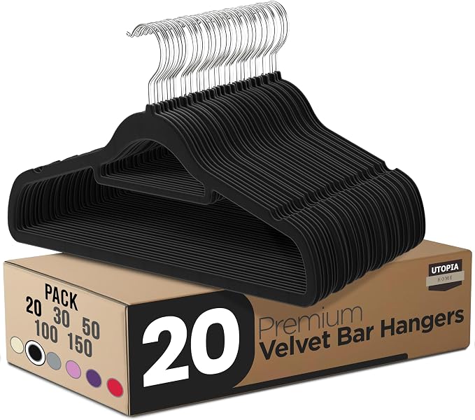Utopia Home Premium Velvet Hangers 20 Pack - Non-Slip Clothes Hanger with Tie Bar - Black Hangers with 360 Degree Rotatable Hook - Heavy Duty Coat Hanger by UTOPIAHOME