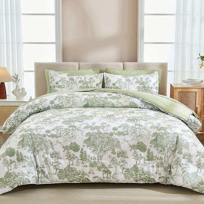 DJY California King Size Comforter Set,Sage Green Botanical Comforters with Sheets Elegant Plants Print Soft Microfiber Reversible Complete Bedding Sets for All Season