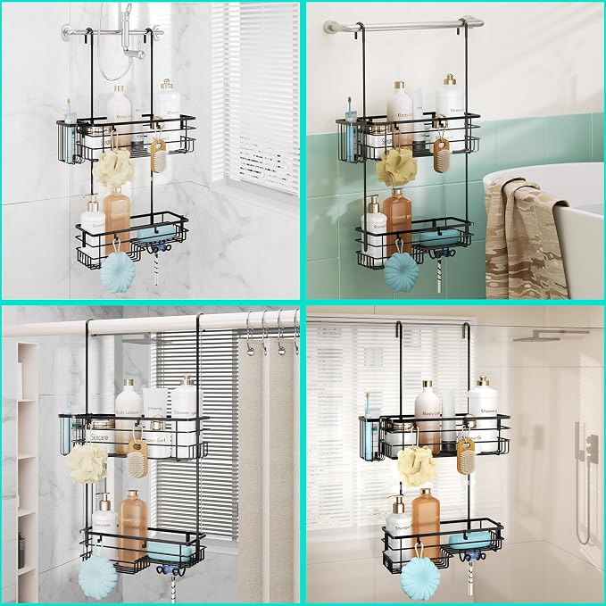 HapiRm Hanging Shower Caddy Organizer - No Drilling Shower Shelves with Hooks and Toothbrush Holder, Rustproof 304 Stainless Steel Bathroom Organizer - Black - Image 4