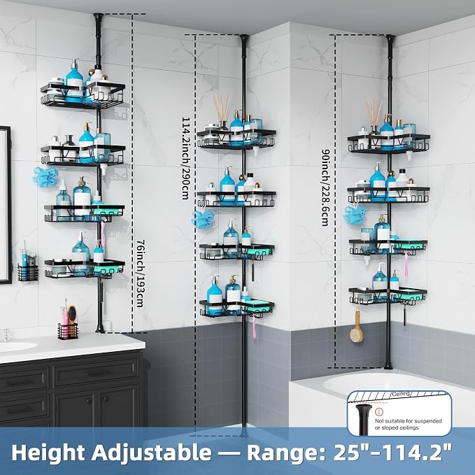KEGII Set of 2 Wall Mount Toothbrush Holders with Tension Pole Shower Caddy, Rustproof Bathroom Organizer with Soap Holder & Hooks, 4 Adjustable Shower Shelves for Renters, 25-114.2 inch Black - Image 8