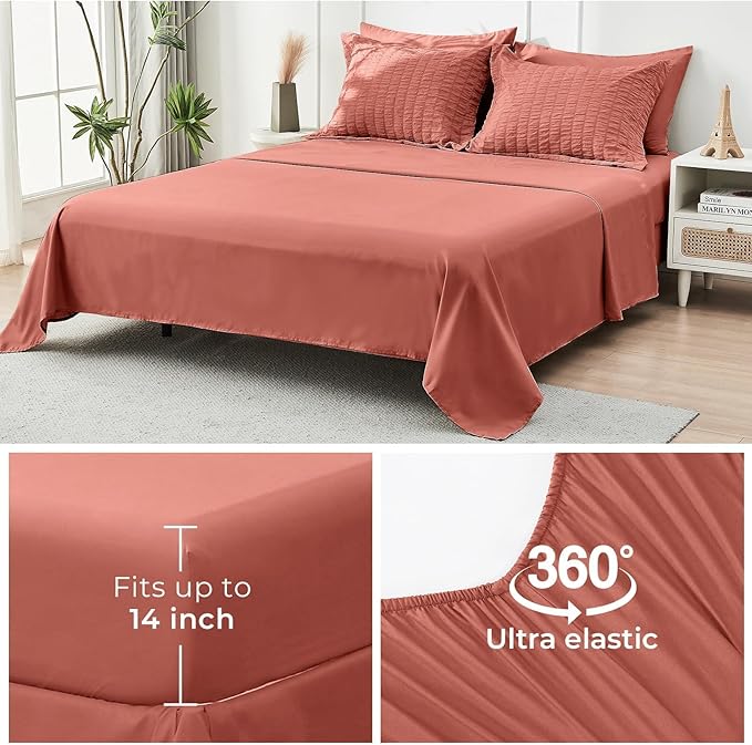 HYMOKEGE Coral King Size Comforter Set Seersucker 7 Pieces, All Season Luxury Bed in a Bag for Bedroom, Bedding Set with Comforter, Sheets, Pillowcases & Shams