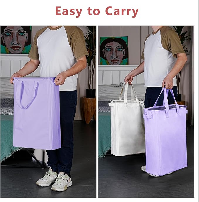 efluky Slim Laundry Basket, Narrow Laundry Hamper with Handles, Collapsible Dirty Clothes Hamper, Tall Laundry Bin for Laundry Room, Dorm and Bedroom, 12.7 Gallons(48L) Light Purple - Image 5