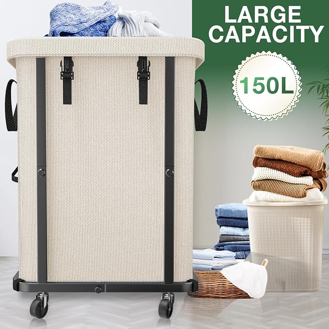 40 Gal(150L) High Grade Large Laundry Basket with Wheels, Rolling Laundry Hamper, Laundry Cart with Metal Frame and Removable Bag Design, Suitable for Laundry Room, Bedroom (White, 150L) - Image 2