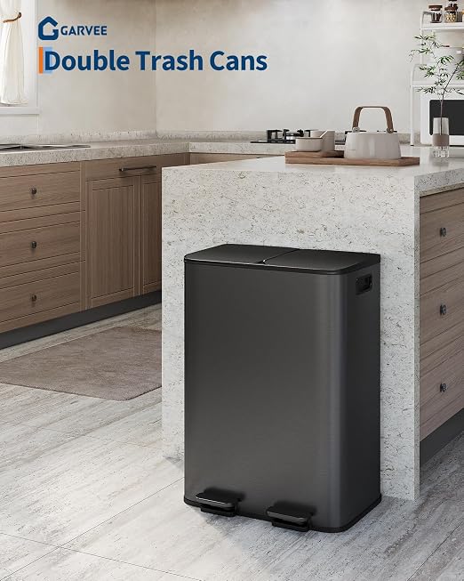 GarveeHome 2 x 8 gal Stainless Steel Double Trash Can with Lid for Kitchen, Large Dual Trash and Recycle Bin Combo, Step-on Kitchen Metal Garbage Cans, PP Inner Buckets, Liner Rim, Matte Black - Image 2