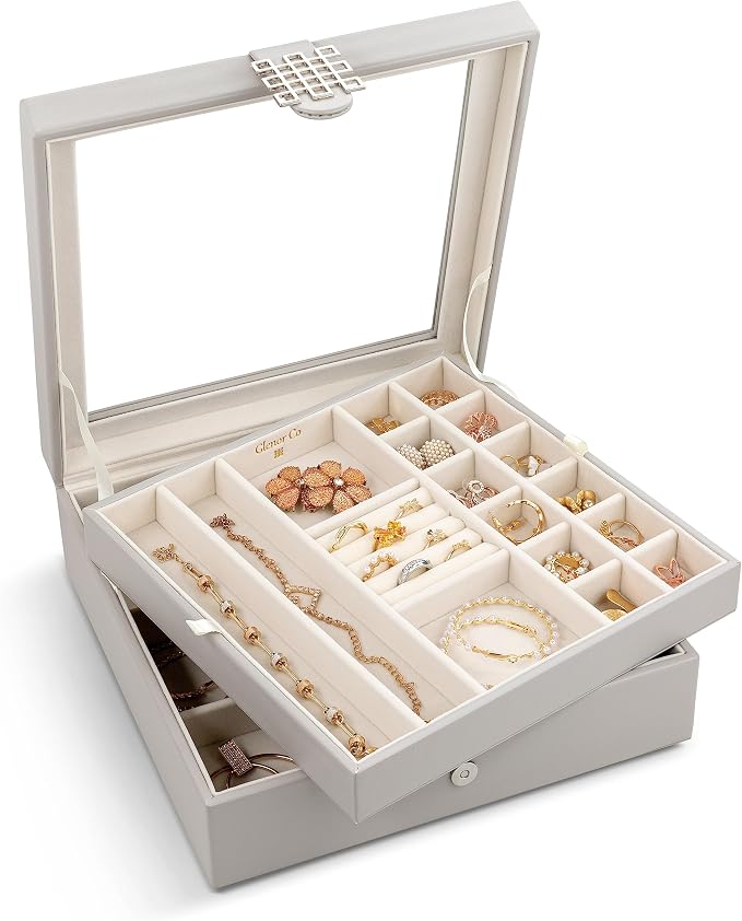 Glenor Co 28 Section Jewelry Box - 2 Layer - Buckle Snap & Magnet Closure - Large Glass Top - Leather Design - Grey - Jewelry Organizer for Women & Girls - for Earring Ring Necklace & Bracelet by GlenorCo