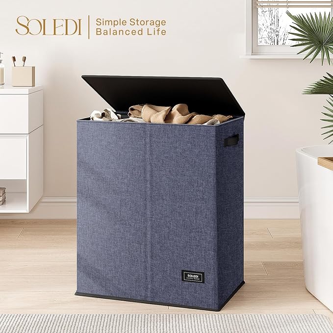 SOLEDI Large Double Laundry Hamper with Lid, Collapsible Clothes Hamper 2 section with Removable Bags, Space-Saving Laundry Basket for Bedroom, Dorm, College - Image 6