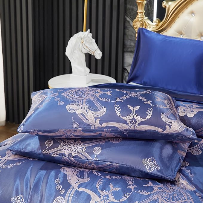 Bedding_Dreamer Blue Comforter Set Satin Sheet Set Jacquard Queen Bedding Set 8 Pcs Vintage Neoclassical Floral Bed Home Decor Soft Comforter Luxury Hotel Silky Bed in a Bag with 1 Cushion Cover