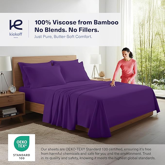 Kickoff Viscose Bamboo Sheets Twin Size 3-pc 100% Organic Bamboo Viscose Bed Cooling Sheets Twin Size Set Cool Bedding for hot Sleepers Sheet, Flat, Fitted, Pillowcase (Purple, T)