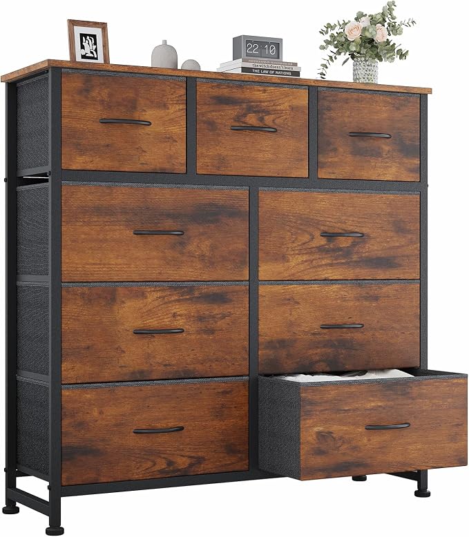 OLIXIS Dresser for Bedroom, 9 Storage Drawers, Wide Fabric Closet Chests Organizer Tower Furniture, TV Stand with Wooden Top Metal Frame for Clothes, Living Room, Hallway, Entryway, Rustic Brown by OLIXIS