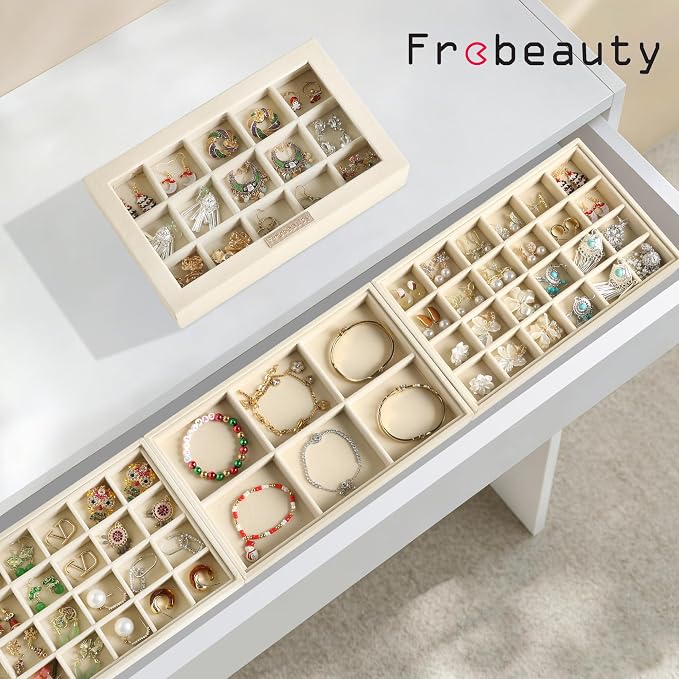 Frebeauty Earring Holder Stackable Jewelry Trays,Velvet Drawer Jewelry Organizer with Glass Lid, 5 in 1 Jewelry Box for Earrings Rings Studs,10.5 x 6.5 x 5.55 Inches Gift for Women (Beige) - Image 2
