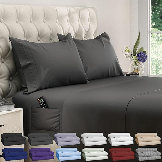 DREAMCARE Full Size Sheets – 4 pcs Cooling Sheets – up to 21” Deep Full Sheet Set – Hotel Luxury Pillowcases – Superior Softness 100% Fine Microfiber with Side Pocket – Gray