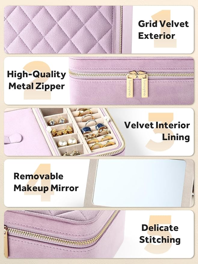 Velvet Travel Jewelry Box with Large Mirror, Double-Layer Jewelry Organizer Case for Women and Girls, Portable Storage Case with 6 Anti-Tarnish Bags Gift Ready for Her (Lavender) - Image 5