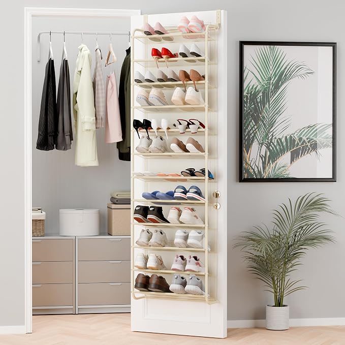 Whitmor 36 Pair Over The Door Shoe Organizer, 12 Tier Hanging Shoe Organizer, Heavy Duty Metal & Mesh Shoe Holder, Hanging Shoe Rack for Closet Organizer & Storage, 69"L x 21.7"W x 7.5"H, Beige by Whitmor