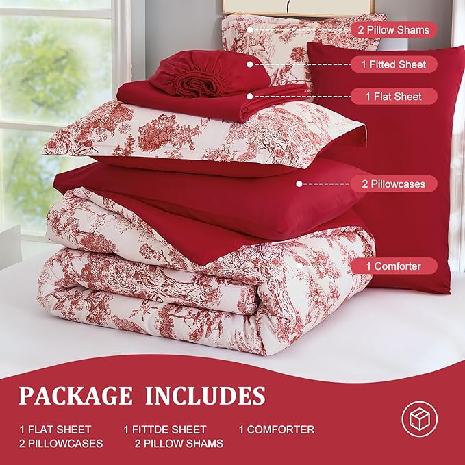 DJY Queen Size Comforter Sets, Red 7 Pieces Bed in a Bag Queen Botanical Comforters with Sheets Elegant Plants Print Christmas Soft Microfiber Reversible Complete Bedding Sets for All Season
