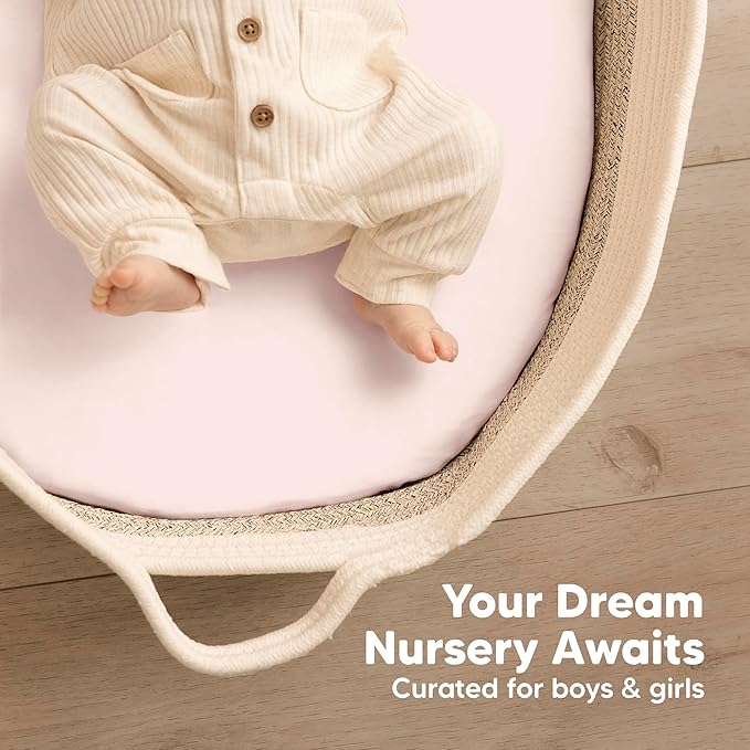 2-Pack Baby Bassinet Sheets Girl, Boy - 33x17 Viscose Derived from Bamboo Bedside Mattress Fitted Bassinet Sheets, Compatible with Halo Bassinest Swivel Sleeper, Baby Delight, Graco (Mist Rose)