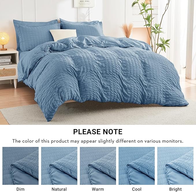 HYMOKEGE Mineral Blue Twin Comforter Set Seersucker 5 Pieces, All Season Luxury Bed in a Bag for Bedroom, Bedding Set with Comforter, Sheets, Pillowcase & Sham