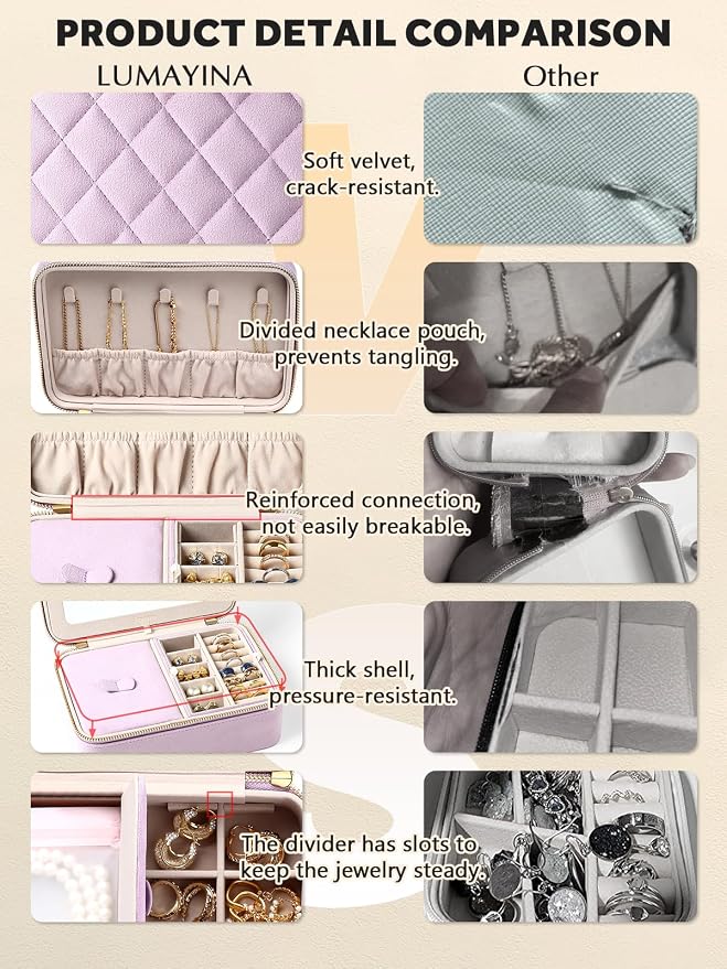 Velvet Travel Jewelry Box with Large Mirror, Double-Layer Jewelry Organizer Case for Women and Girls, Portable Storage Case with 6 Anti-Tarnish Bags Gift Ready for Her (Lavender) - Image 6