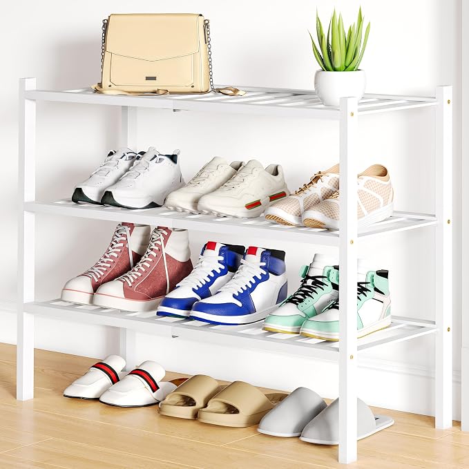 Smiry Shoe Rack, 3 Tier Small Bamboo Shoe Organizer, Stackable Free Standing Wooden Shoe Storage Shelf for Closet, Entryway, Front Door Entrance, White by Smiry