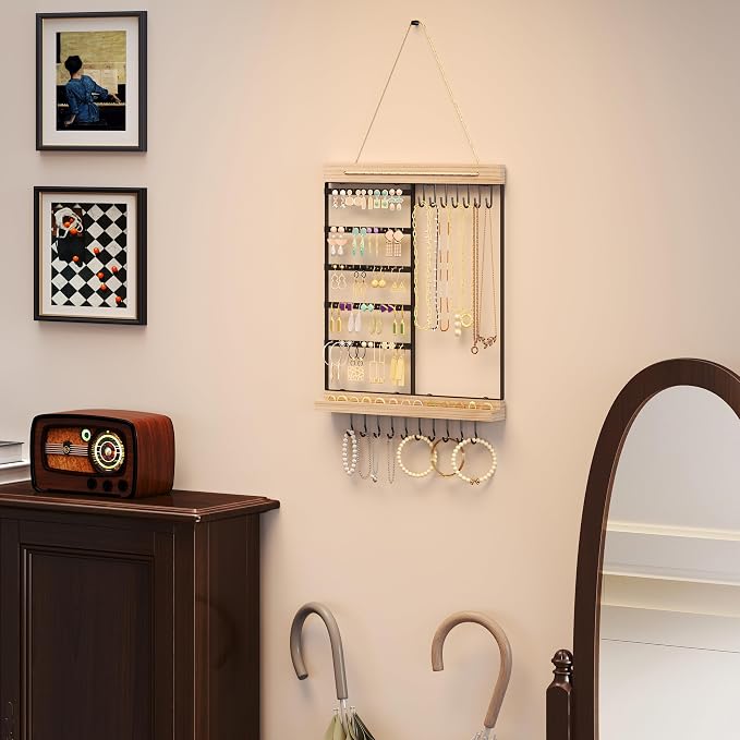 Feyejade Hanging Jewelry Organizer, 5-Tier Wall Earring Holder with Wooden Ring Groove, Jewelry Rack Wall Mounted for Earrings, Necklaces, Bracelets and Rings, Jewelry Holder Stand, Black - Image 8