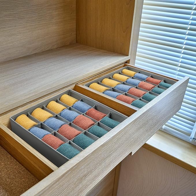 Joyoldelf Sock Drawer Organizer Divider Underwear Organizer 16-cell Fabric Dresser Drawer Organizers Storage Boxes for Socks Lingerie, Handkerchiefs, Ties (Grey) - Image 3