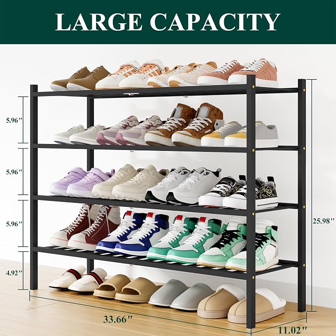 Smiry Shoe Rack, 4 Tier Long Bamboo Shoe Organizer, Stackable Free Standing Wooden Shoe Storage Shelf for Closet, Entryway, Front Door Entrance, Black - Image 2