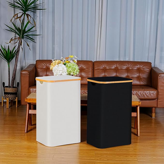 100L Laundry Hamper with Lid, Lagre Basket with Bamboo Handles,Foldable Clothes Hamper Tall Dirty Laundry Basket for Clothes Toys Towels Organizing,Black - Image 5