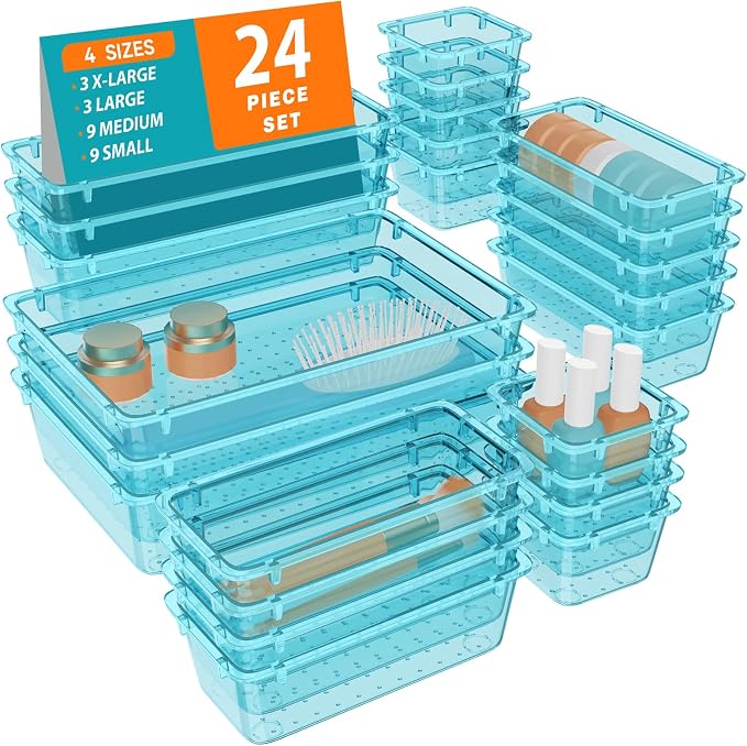 WOWBOX 24 PCS Plastic Drawer Organizer Set, 4 Sizes Desk Drawer Organization and Storage Containers for Makeup, Cosmetics, Jewelry and Gadgets in Kitchen, Bathroom, Bedroom, Office, Clear Sea Blue by WOWBOX