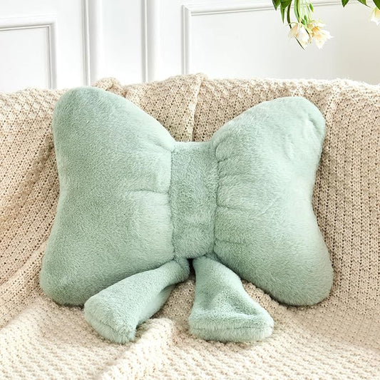 XVTRU Sage Green Bow Pillow, Soft Bow Decorative Pillows with Faux Rabbit Fur, Cute 12" Bow Throw Pillows, Aesthetic Home Decor Bow Shaped Plush Pillow for Bedroom Sofa Couch