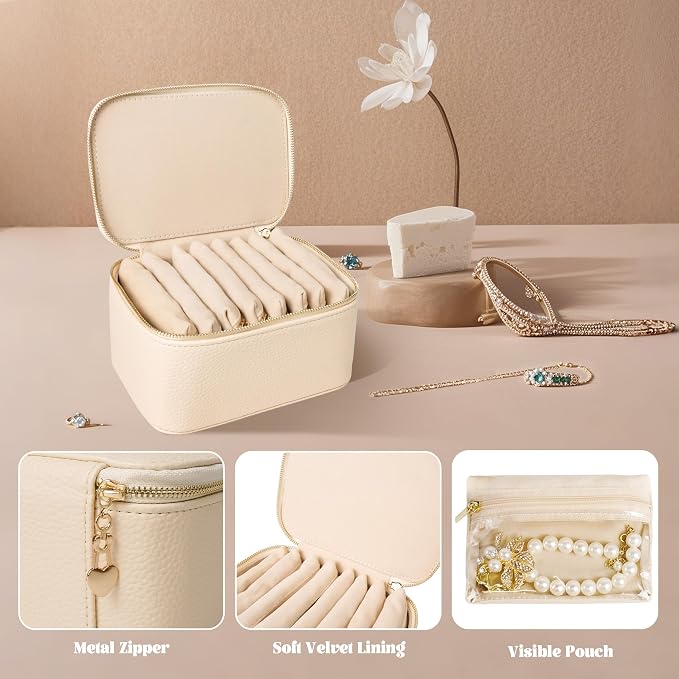 Travel Jewelry Case, Small Travel Jewelry Box with 8 Velvet Jewelry Bag Mini Pouch, Portable Travel Jewelry Organizer for Rings Earrings Necklaces (Beige 8 Pcs) - Image 3