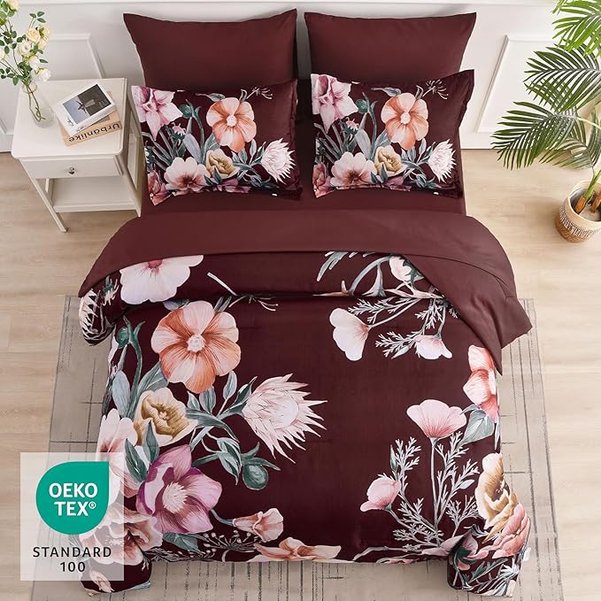 Luxudecor Burgundy Floral Comforter Set Queen Size 7 Piece, Flower Bed in a Bag, Elegant Floral Comforter with Sheet Set, Soft Microfiber Bedding Set for All Season (Burgundy, 90"x90")