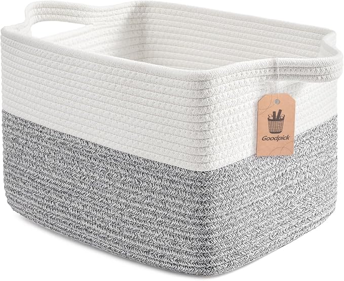 Goodpick Woven Storage Basket, Cotton Rope Baskets for Organizing, Closet Storage Bins with Handles, Small Laundry Basket for Clothes, Towels and Shoes, 13''x10''x9'', Gray and White by Goodpick