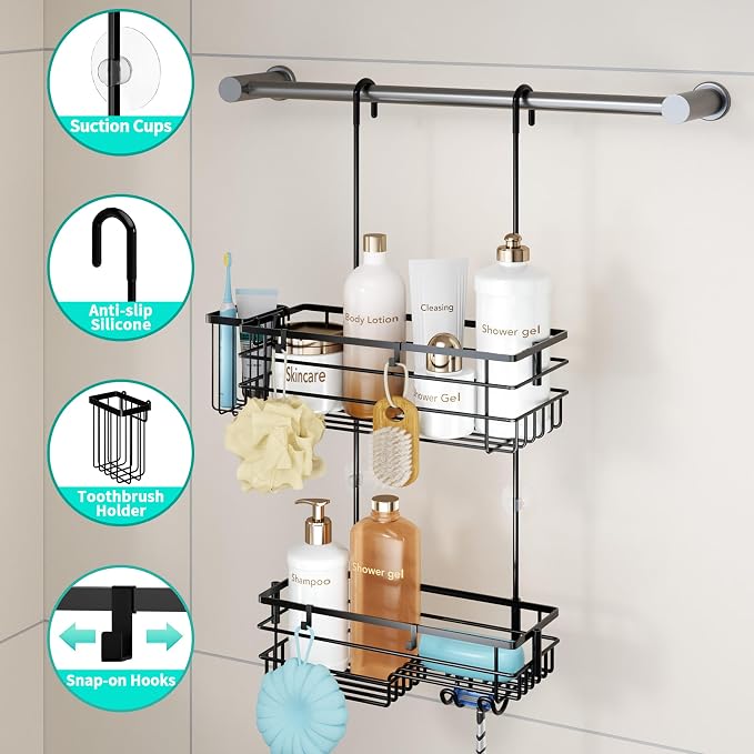 HapiRm Hanging Shower Caddy Organizer - No Drilling Shower Shelves with Hooks and Toothbrush Holder, Rustproof 304 Stainless Steel Bathroom Organizer - Black - Image 2