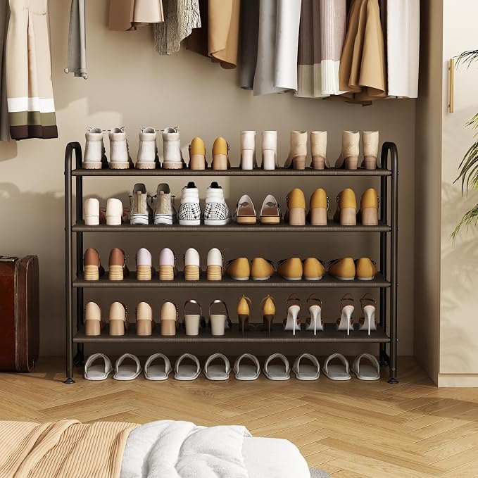 INGIORDAR Shoe Rack 4 Tier Long Storage Organizer Wide Metal Shoe Shelf for Closet Entryway Brown - Image 2