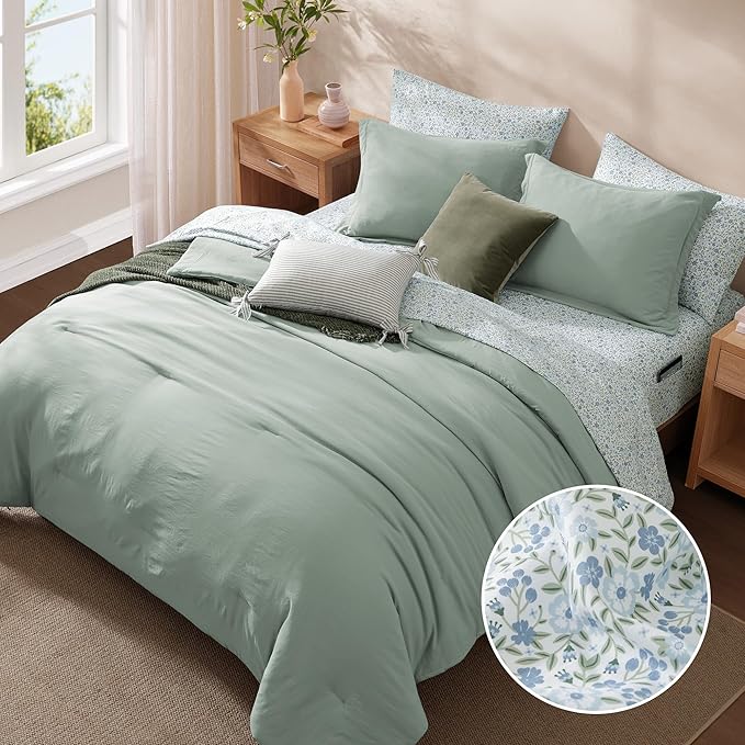 Monbix Full Size Comforter Set - 7 Pieces Sage Green Prewashed Bed in a Bag Full Bedding Sets with Comforters, All Seasons Ultra Soft Comforter Bed Set with Sheets,Pillowcases & Shams