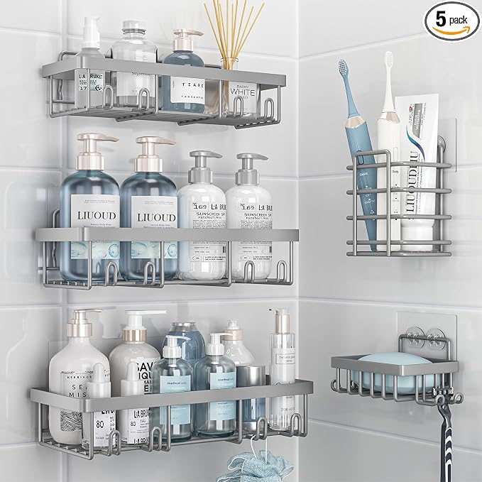 Liuoud 5 Pack Shower Caddy Organizer Rack Shelf for Inside Shower, Self Adhesive Bathroom Wall Storage Basket Rustproof Stainless Steel Large Capacity Shampoo Holder, Grey by Liuoud