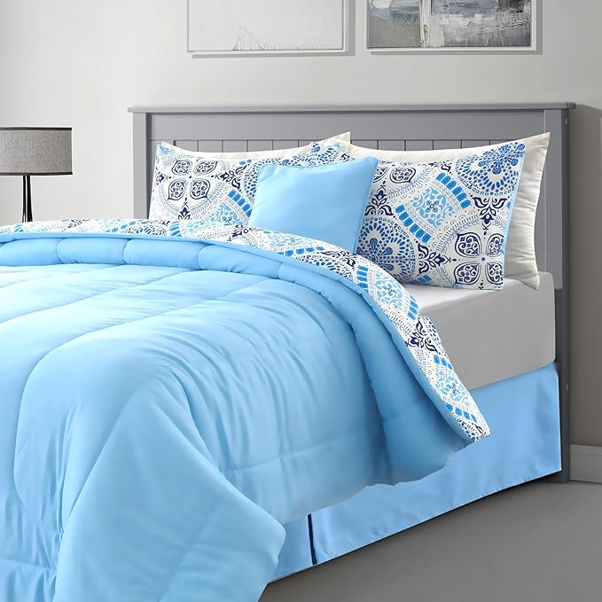 LUX Décor Reversible 4pc Twin Comforter Set, Printed Bedding Set, All-in-One Bed in a Bag, Includes 1 Comforter, 1 Pillow Sham, 1 Decor Pillow & 1 Bed Skirt (Aztec Sky,Twin)