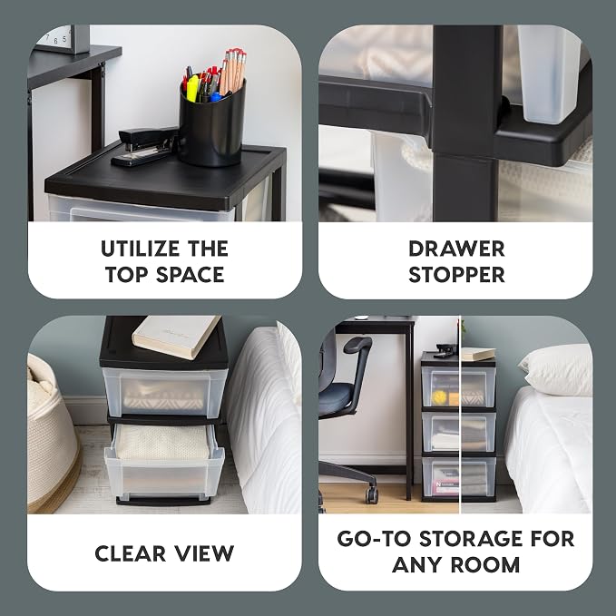 IRIS USA Plastic Drawer Storage Organizer, 3-Drawers, 2-Pack, for Classroom Art Craft Supplies, Bathroom Bedroom, Laundry Room, Black/Clear - Image 4