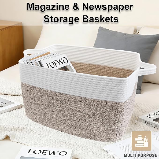 96L Large Blanket Basket,24"x16"x15"Rectangle Storage Bin with Handles,Woven Rope Laundry Basket for Toys, Clothes,Magazines,Home Organization,Nursery,Living Room & Bedroom,White & Brown - Image 5