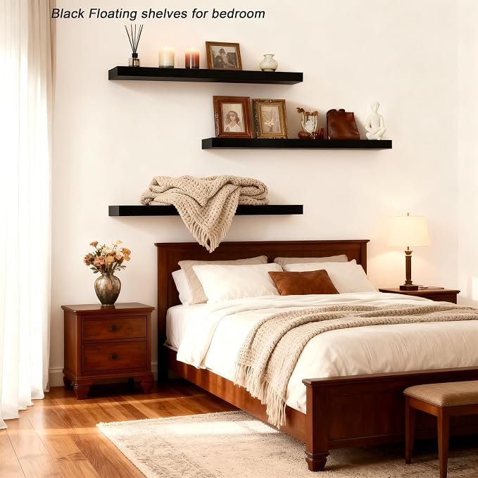 ROGMARS Black Wooden Floating Shelves for Wall 36 Inches Long,Rustic Solid Wood Farmhouse Wall Shelves with Invisible Brackets for Bathroom, Living Room, Bedroom, Kitchen Set of 3 - Image 4